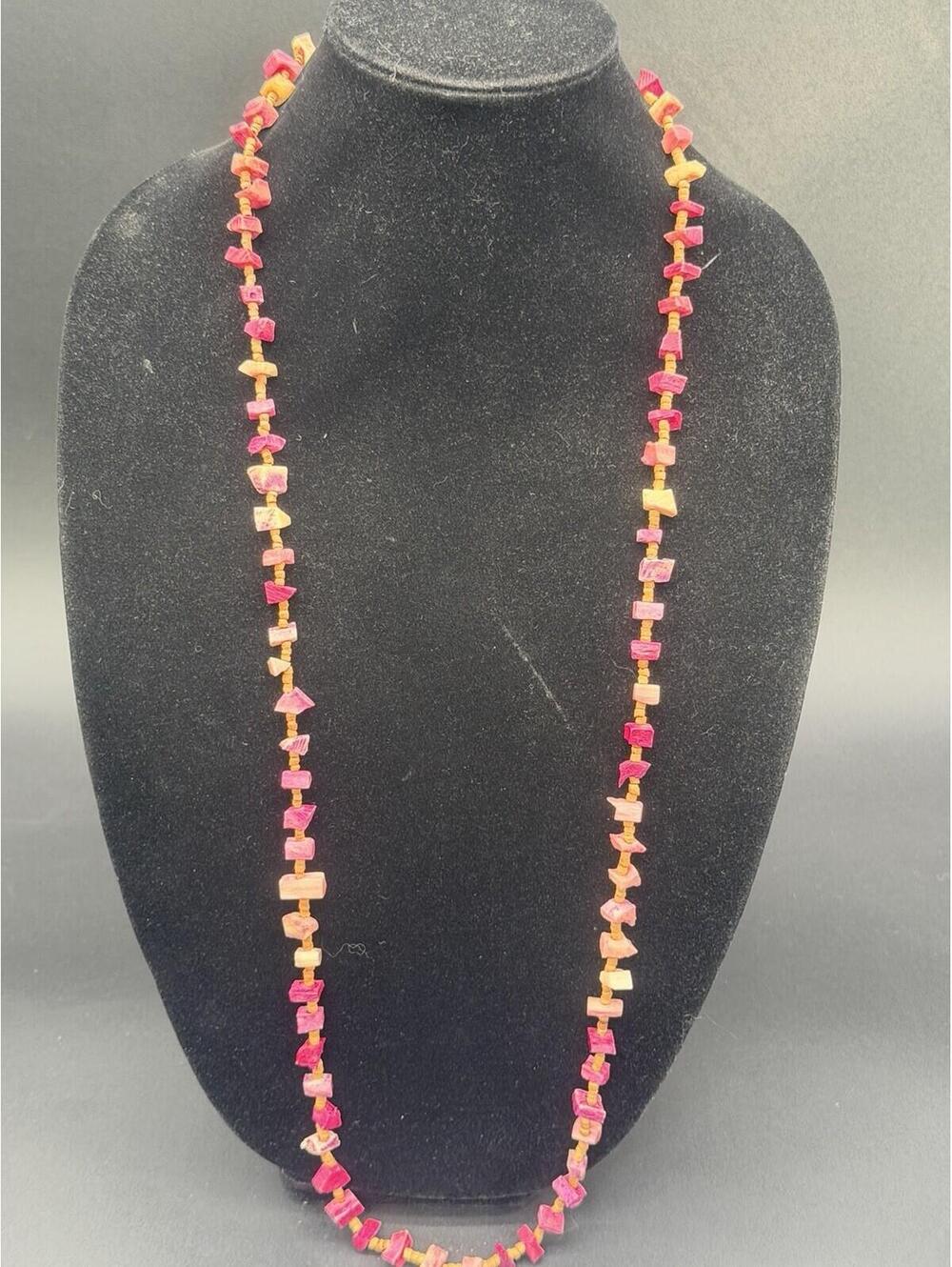 💗 Pink Coral Chip Beaded Necklace Long Natural Stone Style